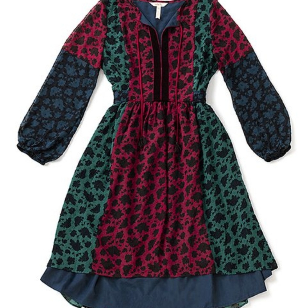 Matilda Jane Color Block Teal Burgundy Long Sleeve Floral Hi Low Dress sz M